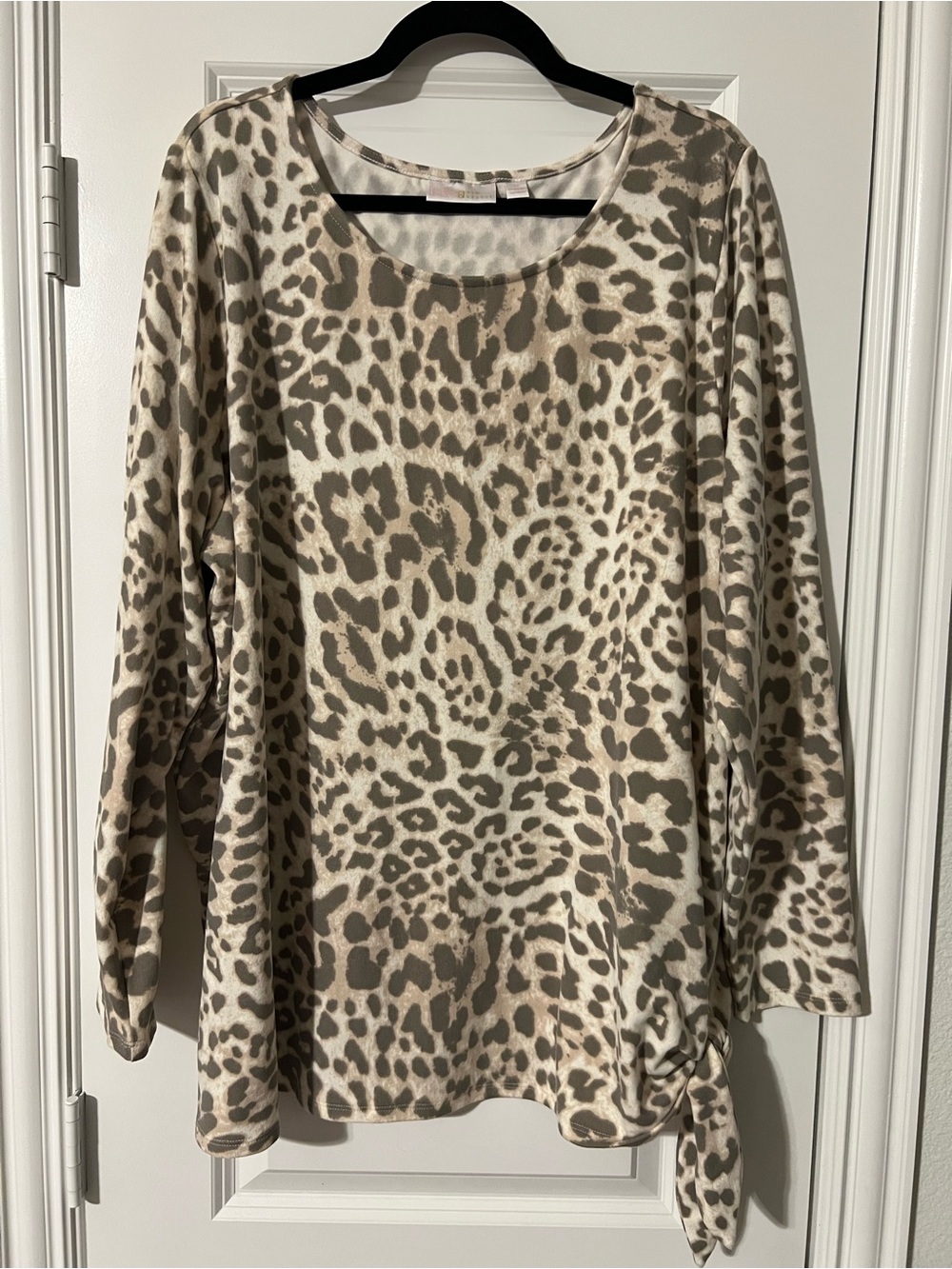 Animal Print Side-Tie Long Sleeve Top - Taupe/White